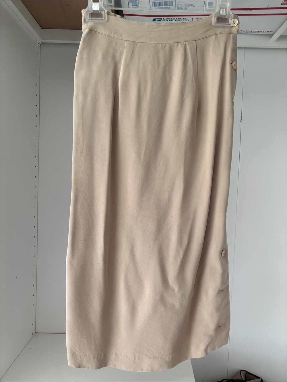Silk Button-Trim Midi Skirt in Neutral Beige